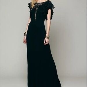 Free People Black Film Noir Crochet Neck Tiered Ruffle Back Maxi
